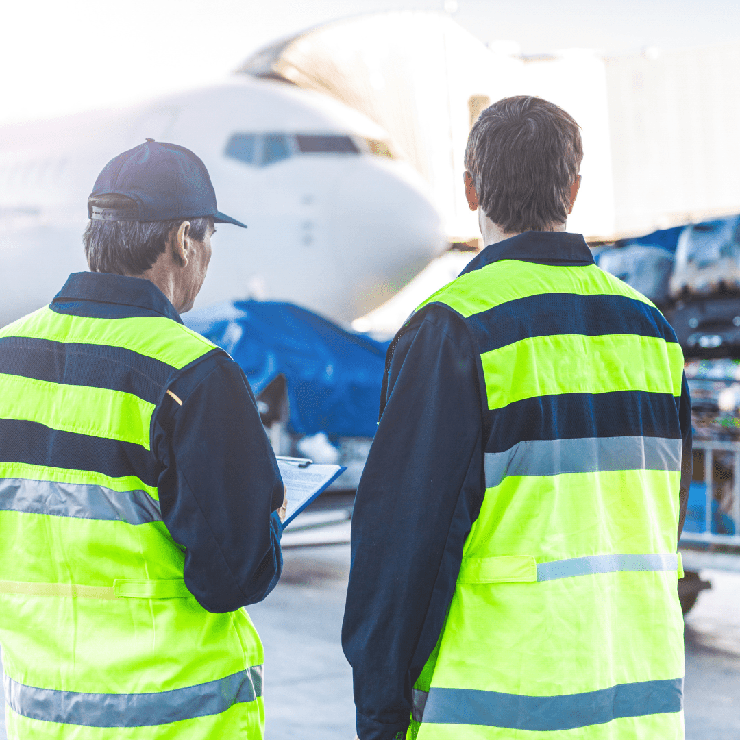Two workers loading baggage at an airport